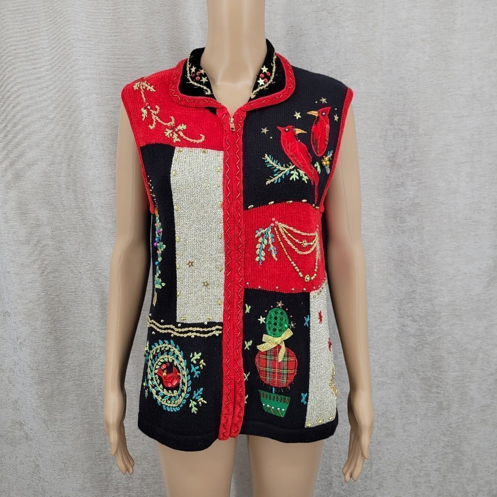 Lisa International Christmas Sweater Vest Red and Black Cardinals Winter